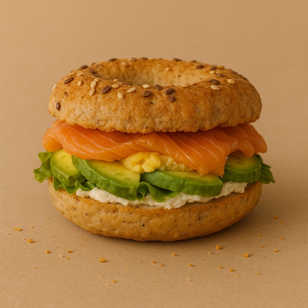 Bagel con salmone e avocado con uovo